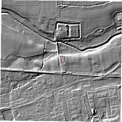 Shaded relief map of the ground around YO89LU, computed from Environment Agency LiDAR. The ground here sits at about 7 m above sea level and falls 10 m across the surrounding 800 m. Surface water reaching this point runs off ground lying to the south-south-east, 2.1 m higher.