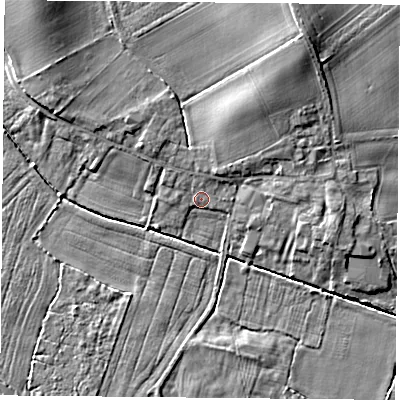 Shaded relief map of the ground around YO89LW, computed from Environment Agency LiDAR. The ground here sits at about 8 m above sea level and falls 8 m across the surrounding 800 m. Surface water reaching this point runs off ground lying to the north-north-east, 5.8 m higher.