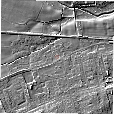 Shaded relief map of the ground around YO89LX, computed from Environment Agency LiDAR. The ground here sits at about 7 m above sea level and falls 12 m across the surrounding 800 m. Surface water reaching this point runs off ground lying to the south, 5.5 m higher.
