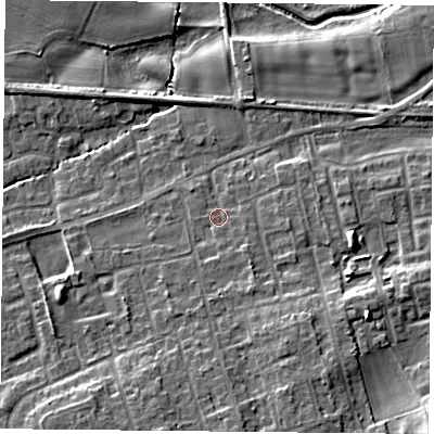Shaded relief map of the ground around YO89LY, computed from Environment Agency LiDAR. The ground here sits at about 8 m above sea level and falls 13 m across the surrounding 800 m. Surface water reaching this point runs off ground lying to the south-east, 5.4 m higher.