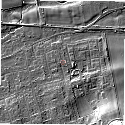 Shaded relief map of the ground around YO89ND, computed from Environment Agency LiDAR. The ground here sits at about 9 m above sea level and falls 24 m across the surrounding 800 m. Surface water reaching this point runs off ground lying to the south, 4.7 m higher.