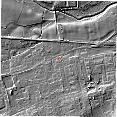 Shaded relief map of the ground around YO89NY, computed from Environment Agency LiDAR. The ground here sits at about 7 m above sea level and falls 12 m across the surrounding 800 m. Surface water reaching this point runs off ground lying to the south-south-east, 6.5 m higher.