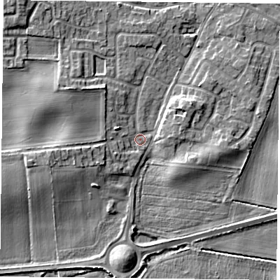 Shaded relief map of the ground around YO89NZ, computed from Environment Agency LiDAR. The ground here sits at about 7 m above sea level and falls 6 m across the surrounding 800 m. Surface water reaching this point runs off ground lying to the west, 4.3 m higher.