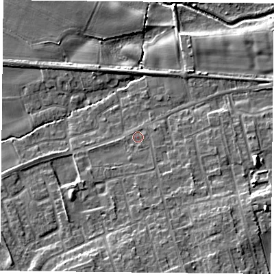 Shaded relief map of the ground around YO89PA, computed from Environment Agency LiDAR. The ground here sits at about 8 m above sea level and falls 12 m across the surrounding 800 m. Surface water reaching this point runs off ground lying to the south-south-east, 5.3 m higher.