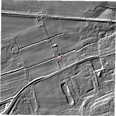 Shaded relief map of the ground around YO89PB, computed from Environment Agency LiDAR. The ground here sits at about 7 m above sea level and falls 9 m across the surrounding 800 m. Surface water reaching this point runs off ground lying to the west-north-west, 2.3 m higher.