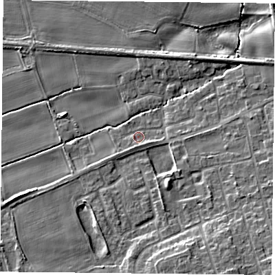 Shaded relief map of the ground around YO89PD, computed from Environment Agency LiDAR. The ground here sits at about 7 m above sea level and falls 10 m across the surrounding 800 m. Surface water reaching this point runs off ground lying to the south-west, 1.9 m higher.