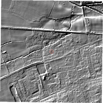Shaded relief map of the ground around YO89PE, computed from Environment Agency LiDAR. The ground here sits at about 7 m above sea level and falls 11 m across the surrounding 800 m. Surface water reaching this point runs off ground lying to the south-south-west, 1.3 m higher.