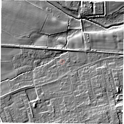 Shaded relief map of the ground around YO89PF, computed from Environment Agency LiDAR. The ground here sits at about 6 m above sea level and falls 12 m across the surrounding 800 m. Surface water reaching this point runs off ground lying to the south-south-west, 2.7 m higher.