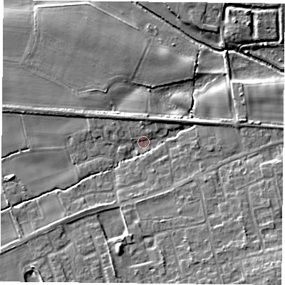 Shaded relief map of the ground around YO89PG, computed from Environment Agency LiDAR. The ground here sits at about 6 m above sea level and falls 10 m across the surrounding 800 m. Surface water reaching this point runs off ground lying to the south-east, 7.6 m higher.