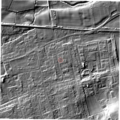 Shaded relief map of the ground around YO89PN, computed from Environment Agency LiDAR. The ground here sits at about 8 m above sea level and falls 18 m across the surrounding 800 m. Surface water reaching this point runs off ground lying to the south, 4.5 m higher.