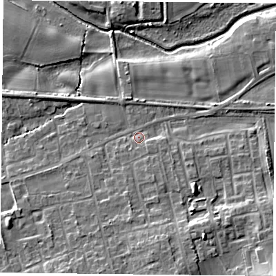 Shaded relief map of the ground around YO89PQ, computed from Environment Agency LiDAR. The ground here sits at about 7 m above sea level and falls 13 m across the surrounding 800 m. Surface water reaching this point runs off ground lying to the south-east, 1.8 m higher.