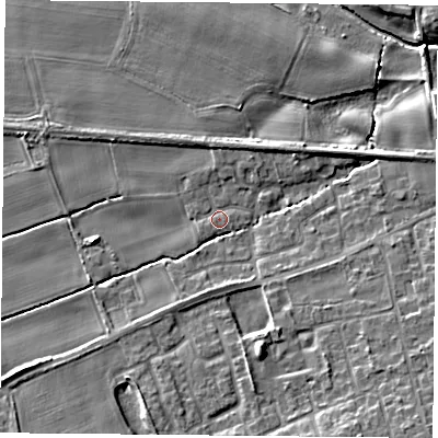 Shaded relief map of the ground around YO89PR, computed from Environment Agency LiDAR. The ground here sits at about 6 m above sea level and falls 10 m across the surrounding 800 m. Surface water reaching this point runs off ground lying to the south-south-east, 6.1 m higher.