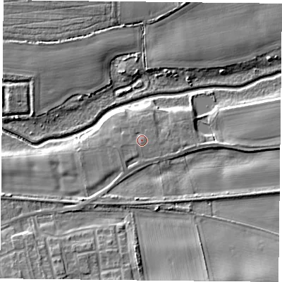 Shaded relief map of the ground around YO89PZ, computed from Environment Agency LiDAR. The ground here sits at about 6 m above sea level and falls 9 m across the surrounding 800 m. Surface water reaching this point runs off ground lying to the south, 0.8 m higher.
