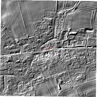 Shaded relief map of the ground around YO89QE, computed from Environment Agency LiDAR. The ground here sits at about 8 m above sea level and falls 9 m across the surrounding 800 m. Surface water reaching this point runs off ground lying to the south-south-west, 0.9 m higher.