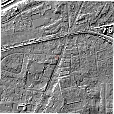 Shaded relief map of the ground around YO89QR, computed from Environment Agency LiDAR. The ground here sits at about 6 m above sea level and falls 8 m across the surrounding 800 m. Surface water reaching this point runs off ground lying to the south, 1.8 m higher.