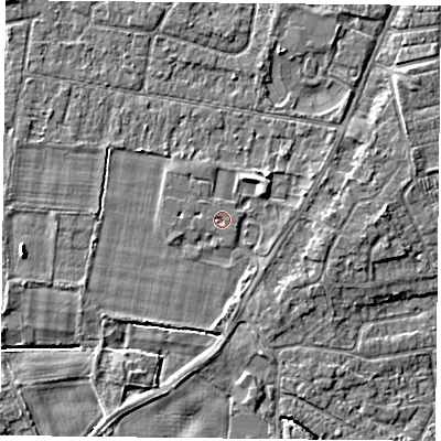 Shaded relief map of the ground around YO89QS, computed from Environment Agency LiDAR. The ground here sits at about 6 m above sea level and falls 4 m across the surrounding 800 m. The ground contributing surface water to this point lies to the south-east.
