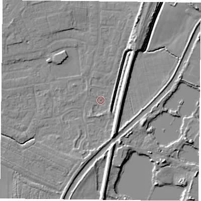 Shaded relief map of the ground around YO89QT, computed from Environment Agency LiDAR. The ground here sits at about 4 m above sea level and falls 7 m across the surrounding 800 m. Surface water reaching this point runs off ground lying to the south-south-east, 7.3 m higher.