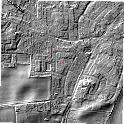Shaded relief map of the ground around YO89QU, computed from Environment Agency LiDAR. The ground here sits at about 7 m above sea level and falls 6 m across the surrounding 800 m. Surface water reaching this point runs off ground lying to the west-north-west, 4.3 m higher.
