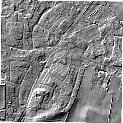 Shaded relief map of the ground around YO89QX, computed from Environment Agency LiDAR. The ground here sits at about 7 m above sea level and falls 6 m across the surrounding 800 m. Surface water reaching this point runs off ground lying to the south, 0.6 m higher.