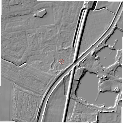 Shaded relief map of the ground around YO89QY, computed from Environment Agency LiDAR. The ground here sits at about 5 m above sea level and falls 7 m across the surrounding 800 m. Surface water reaching this point runs off ground lying to the east, 7.3 m higher.