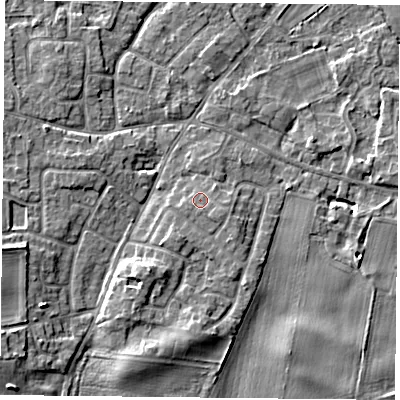 Shaded relief map of the ground around YO89QZ, computed from Environment Agency LiDAR. The ground here sits at about 7 m above sea level and falls 6 m across the surrounding 800 m. Surface water reaching this point runs off ground lying to the south-east, 1.1 m higher.