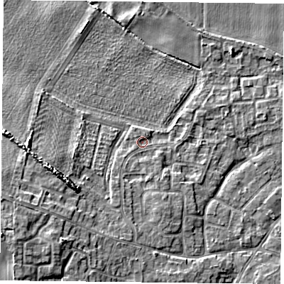 Shaded relief map of the ground around YO89RA, computed from Environment Agency LiDAR. The ground here sits at about 6 m above sea level and falls 7 m across the surrounding 800 m. Surface water reaching this point runs off ground lying to the south-south-west, 2.1 m higher.