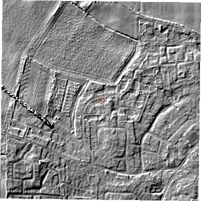 Shaded relief map of the ground around YO89RB, computed from Environment Agency LiDAR. The ground here sits at about 7 m above sea level and falls 7 m across the surrounding 800 m. Surface water reaching this point runs off ground lying to the south-south-west, 1.9 m higher.