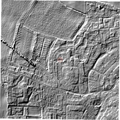 Shaded relief map of the ground around YO89RE, computed from Environment Agency LiDAR. The ground here sits at about 7 m above sea level and falls 7 m across the surrounding 800 m. Surface water reaching this point runs off ground lying to the south-south-west, 1.5 m higher.
