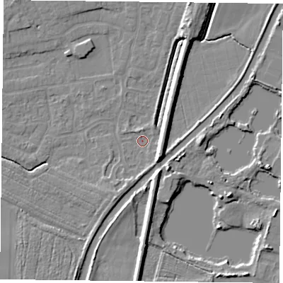 Shaded relief map of the ground around YO89RF, computed from Environment Agency LiDAR. The ground here sits at about 4 m above sea level and falls 7 m across the surrounding 800 m. Surface water reaching this point runs off ground lying to the south-east, 7.3 m higher.