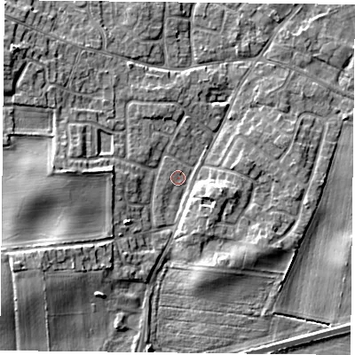 Shaded relief map of the ground around YO89RH, computed from Environment Agency LiDAR. The ground here sits at about 7 m above sea level and falls 7 m across the surrounding 800 m. Surface water reaching this point runs off ground lying to the west-south-west, 4.8 m higher.
