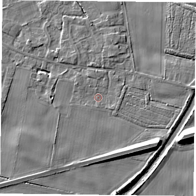 Shaded relief map of the ground around YO89RJ, computed from Environment Agency LiDAR. The ground here sits at about 6 m above sea level and falls 11 m across the surrounding 800 m. Surface water reaching this point runs off ground lying to the south-west, 2.5 m higher.