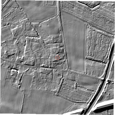 Shaded relief map of the ground around YO89RL, computed from Environment Agency LiDAR. The ground here sits at about 7 m above sea level and falls 13 m across the surrounding 800 m. Surface water reaching this point runs off ground lying to the north, 0.6 m higher.