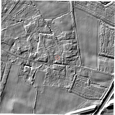 Shaded relief map of the ground around YO89RN, computed from Environment Agency LiDAR. The ground here sits at about 7 m above sea level and falls 12 m across the surrounding 800 m. Surface water reaching this point runs off ground lying to the south-south-west, 0.9 m higher.