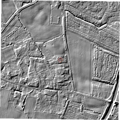 Shaded relief map of the ground around YO89RP, computed from Environment Agency LiDAR. The ground here sits at about 7 m above sea level and falls 5 m across the surrounding 800 m. Surface water reaching this point runs off ground lying to the south, 1.1 m higher.