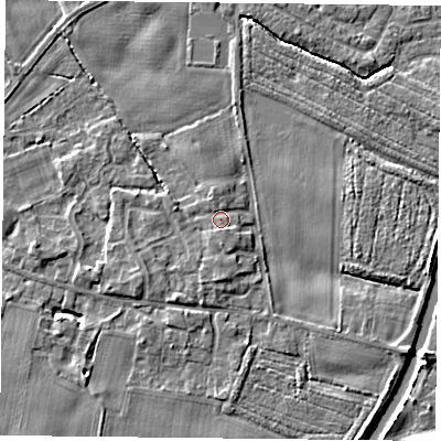 Shaded relief map of the ground around YO89RR, computed from Environment Agency LiDAR. The ground here sits at about 7 m above sea level and falls 10 m across the surrounding 800 m. Surface water reaching this point runs off ground lying to the south-south-east, 1.2 m higher.