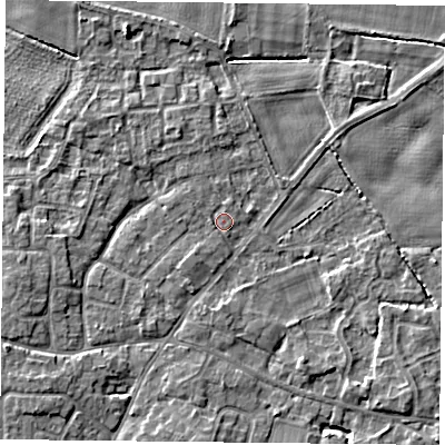 Shaded relief map of the ground around YO89RS, computed from Environment Agency LiDAR. The ground here sits at about 6 m above sea level and falls 4 m across the surrounding 800 m. Surface water reaching this point runs off ground lying to the west-south-west, 3.0 m higher.