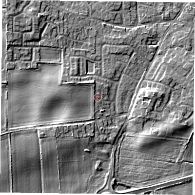 Shaded relief map of the ground around YO89RT, computed from Environment Agency LiDAR. The ground here sits at about 8 m above sea level and falls 7 m across the surrounding 800 m. Surface water reaching this point runs off ground lying to the north-north-west, 1.4 m higher.