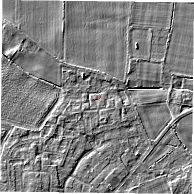 Shaded relief map of the ground around YO89RU, computed from Environment Agency LiDAR. The ground here sits at about 6 m above sea level and falls 4 m across the surrounding 800 m. Surface water reaching this point runs off ground lying to the north-west, 2.5 m higher.