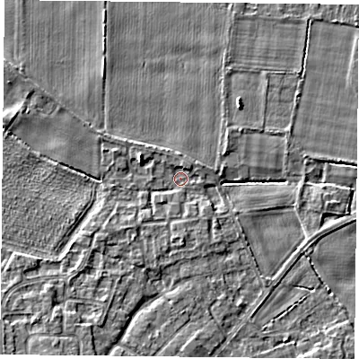 Shaded relief map of the ground around YO89RX, computed from Environment Agency LiDAR. The ground here sits at about 6 m above sea level and falls 4 m across the surrounding 800 m. Surface water reaching this point runs off ground lying to the west-north-west, 2.5 m higher.