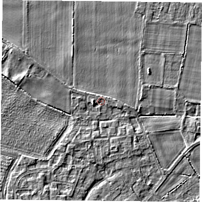 Shaded relief map of the ground around YO89RY, computed from Environment Agency LiDAR. The ground here sits at about 6 m above sea level and falls 4 m across the surrounding 800 m. Surface water reaching this point runs off ground lying to the east, 0.9 m higher.
