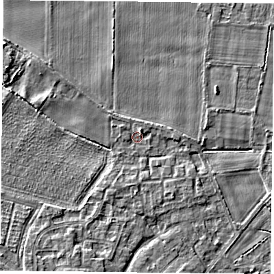 Shaded relief map of the ground around YO89RZ, computed from Environment Agency LiDAR. The ground here sits at about 6 m above sea level and falls 4 m across the surrounding 800 m. Surface water reaching this point runs off ground lying to the north-east, 2.2 m higher.