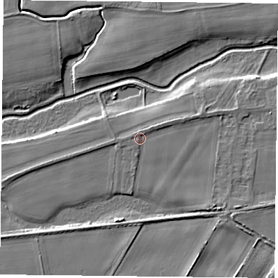 Shaded relief map of the ground around YO89SD, computed from Environment Agency LiDAR. The ground here sits at about 6 m above sea level and falls 6 m across the surrounding 800 m. Surface water reaching this point runs off ground lying to the east-north-east, 1.4 m higher.