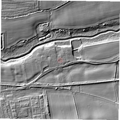 Shaded relief map of the ground around YO89SE, computed from Environment Agency LiDAR. The ground here sits at about 6 m above sea level and falls 9 m across the surrounding 800 m. Surface water reaching this point runs off ground lying to the west-south-west, 1.2 m higher.