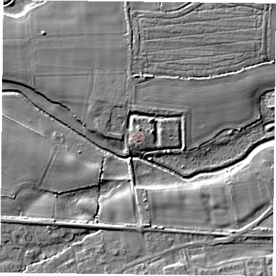 Shaded relief map of the ground around YO89SF, computed from Environment Agency LiDAR. The ground here sits at about 6 m above sea level and falls 6 m across the surrounding 800 m. Surface water reaching this point runs off ground lying to the east-north-east, 1.3 m higher.