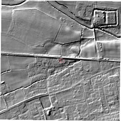 Shaded relief map of the ground around YO89SN, computed from Environment Agency LiDAR. The ground here sits at about 7 m above sea level and falls 10 m across the surrounding 800 m. Surface water reaching this point runs off ground lying to the south-east, 6.8 m higher.