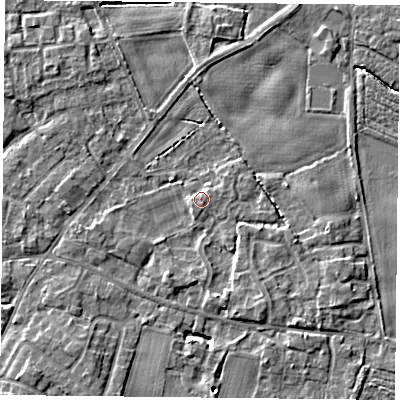 Shaded relief map of the ground around YO89SQ, computed from Environment Agency LiDAR. The ground here sits at about 6 m above sea level and falls 5 m across the surrounding 800 m. Surface water reaching this point runs off ground lying to the east-south-east, 1.1 m higher.