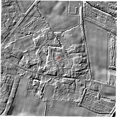 Shaded relief map of the ground around YO89SU, computed from Environment Agency LiDAR. The ground here sits at about 7 m above sea level and falls 5 m across the surrounding 800 m. Surface water reaching this point runs off ground lying to the south-south-east, 1.4 m higher.
