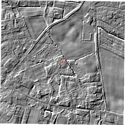 Shaded relief map of the ground around YO89SW, computed from Environment Agency LiDAR. The ground here sits at about 6 m above sea level and falls 5 m across the surrounding 800 m. Surface water reaching this point runs off ground lying to the south-south-east, 2.5 m higher.
