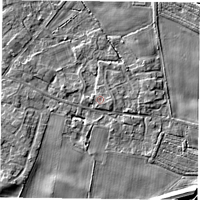 Shaded relief map of the ground around YO89SX, computed from Environment Agency LiDAR. The ground here sits at about 7 m above sea level and falls 11 m across the surrounding 800 m. Surface water reaching this point runs off ground lying to the east, 0.8 m higher.