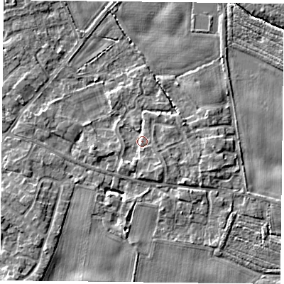 Shaded relief map of the ground around YO89SY, computed from Environment Agency LiDAR. The ground here sits at about 7 m above sea level and falls 5 m across the surrounding 800 m. Surface water reaching this point runs off ground lying to the south-east, 1.9 m higher.
